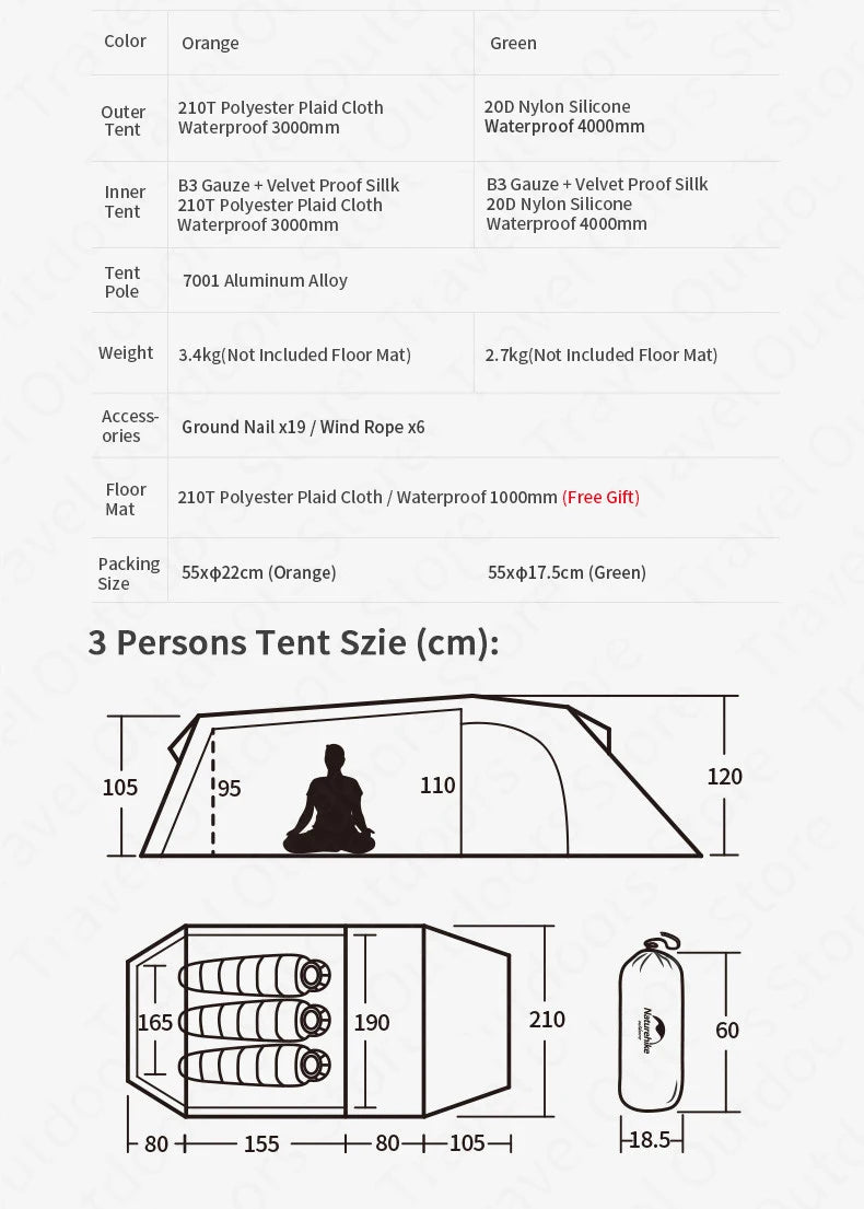 Naturehike Extended Camping Tunnel Tent Waterproof