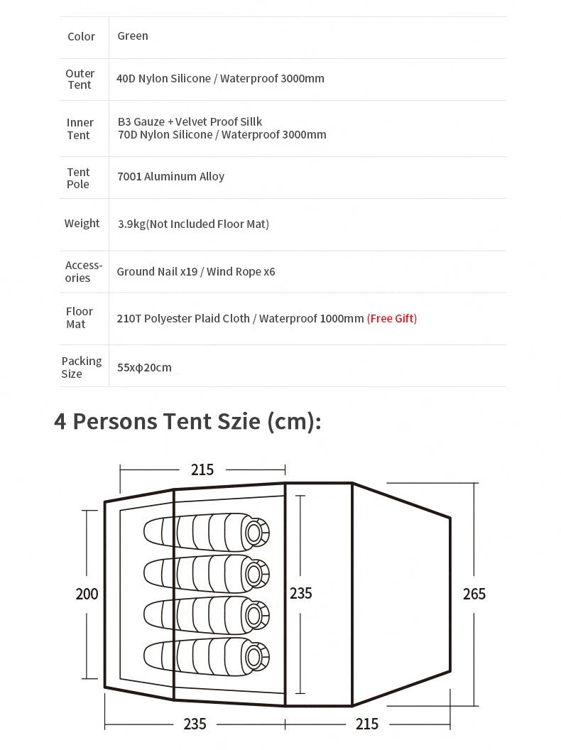 Naturehike Extended Camping Tunnel Tent Waterproof