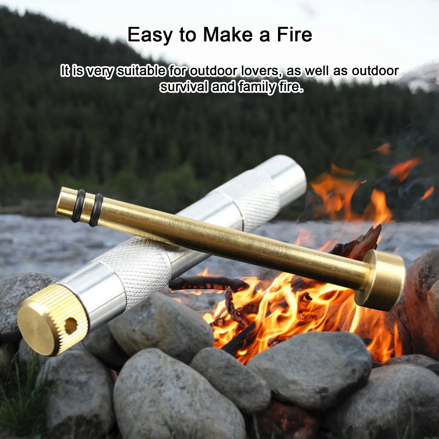 Portable Compression Fire Tube Metal Fire Starting Tool.