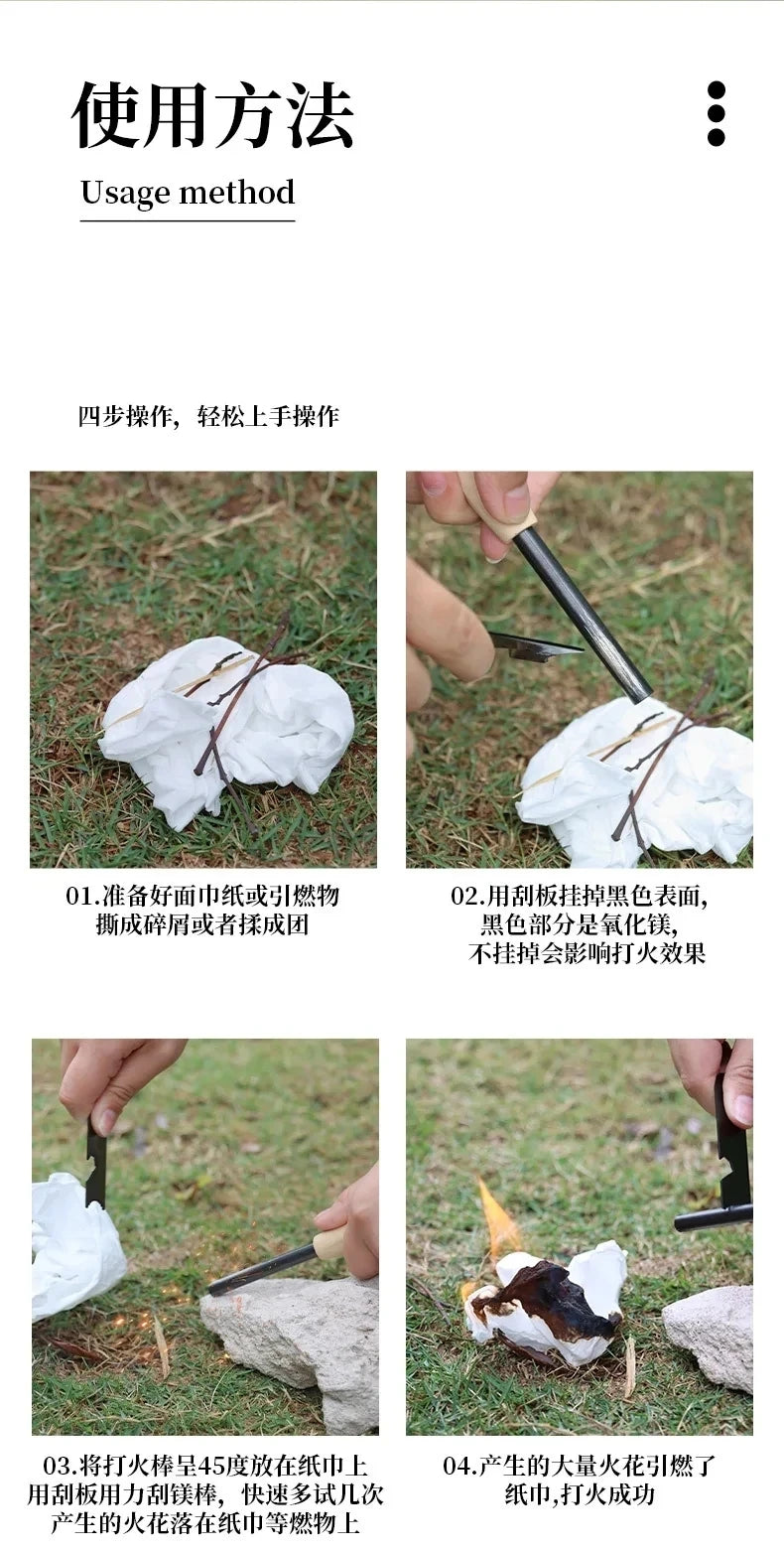 Portable Magnesium Fire Starter Stick with Wooden Handle for Camping. striker attached