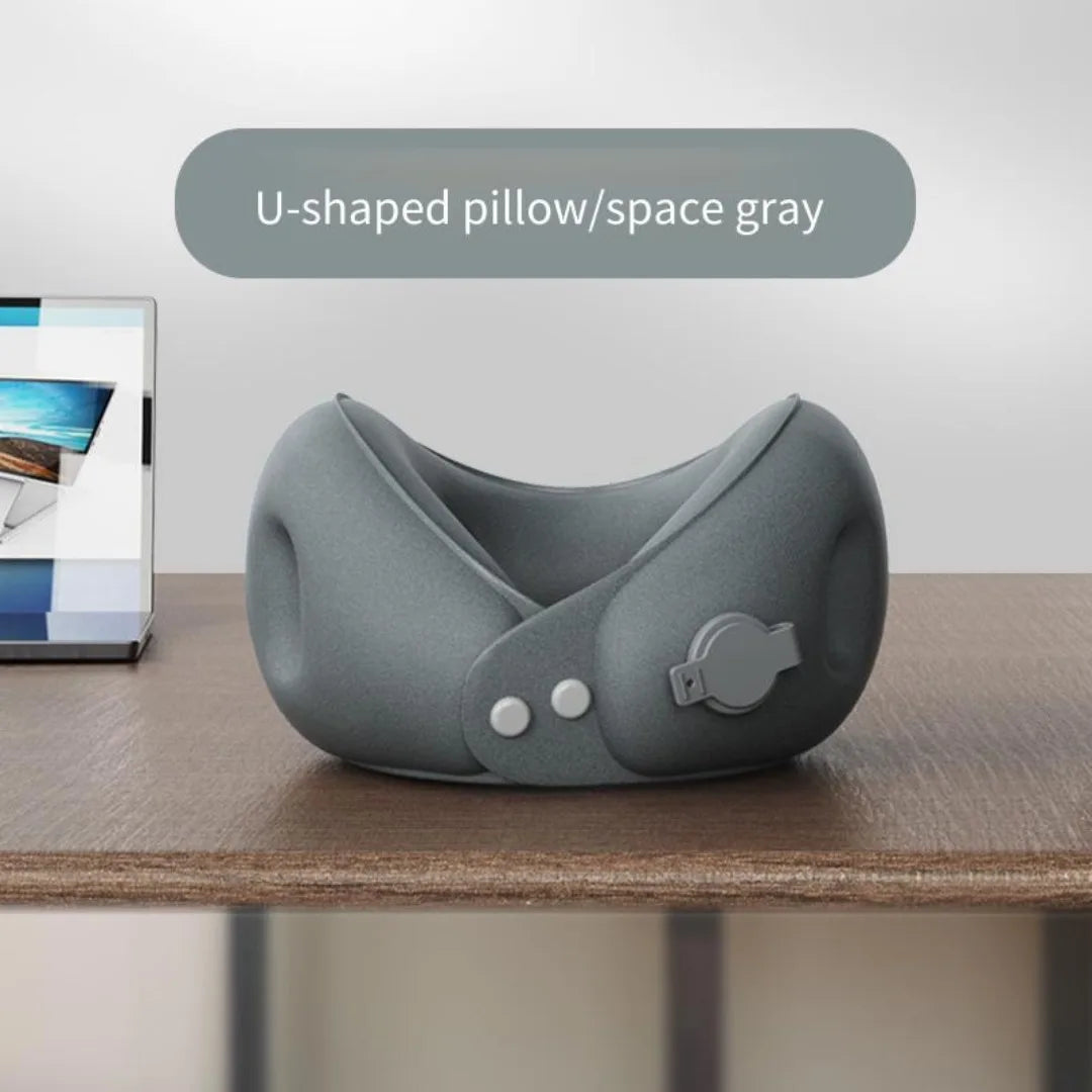 Soft Inflatable U-Shaped Travel Pillow For Airplane Car or Train. Compresses into small storage pouch