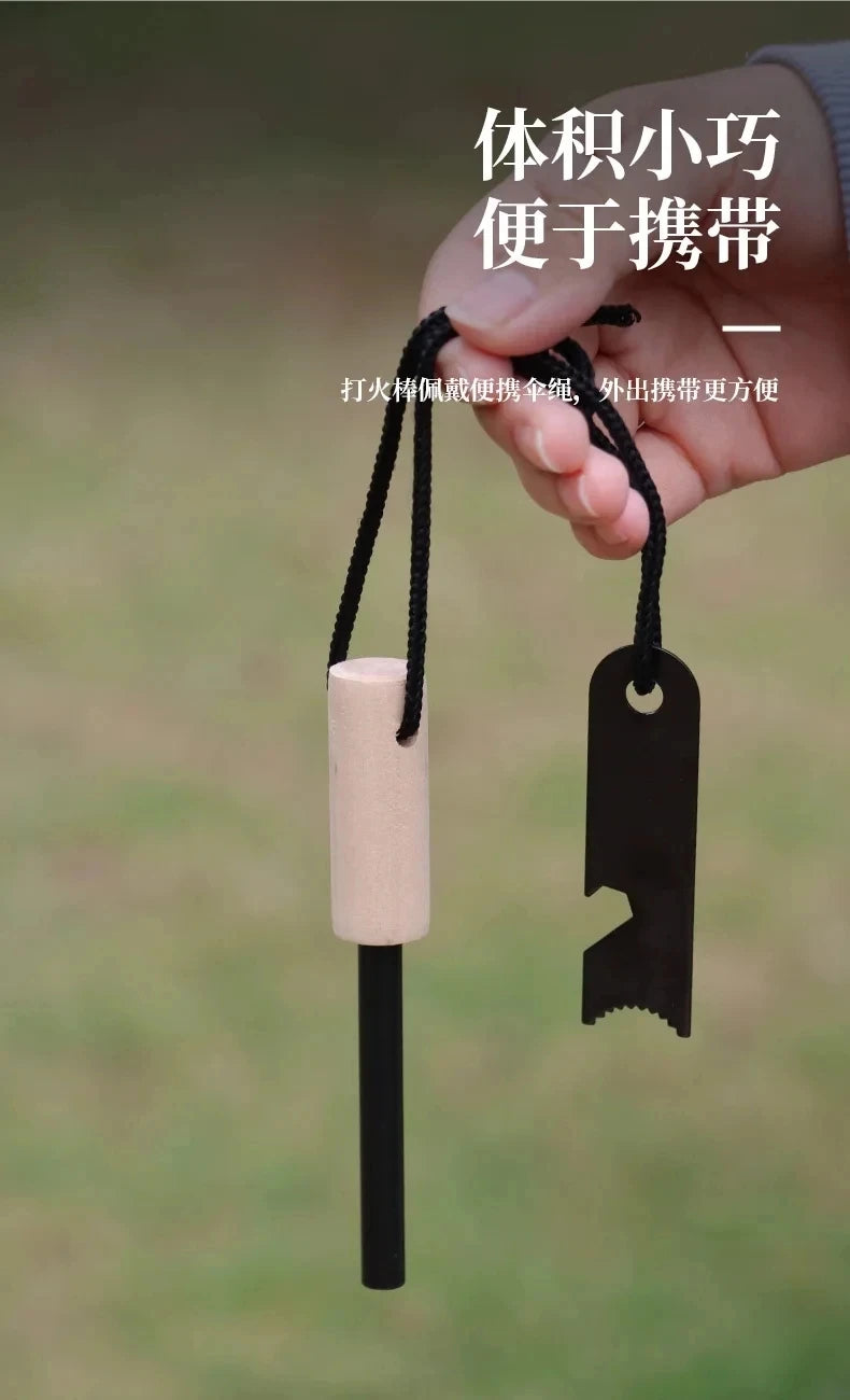 Portable Magnesium Fire Starter Stick with Wooden Handle for Camping. striker attached