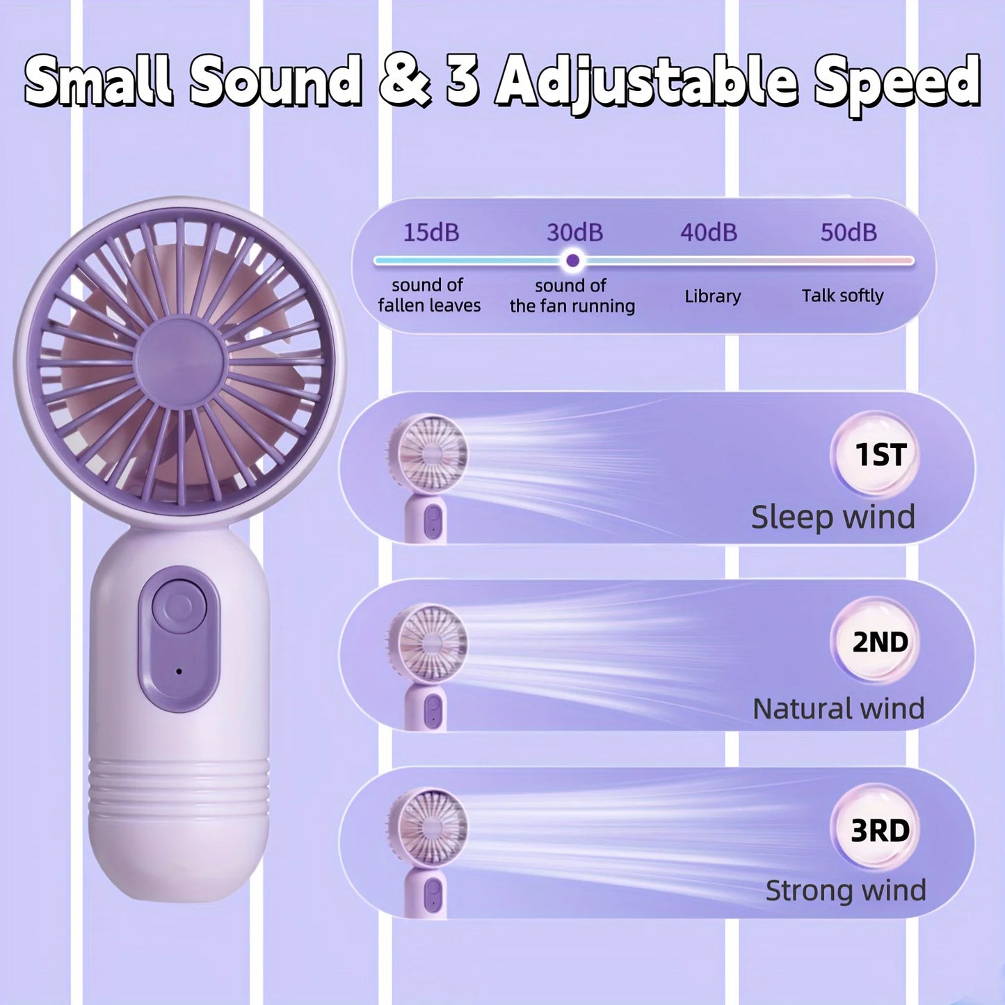 Mini portable handheld fan, USB charging, 3-speed