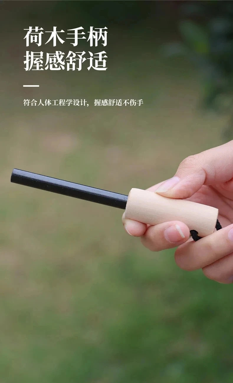 Portable Magnesium Fire Starter Stick with Wooden Handle for Camping. striker attached