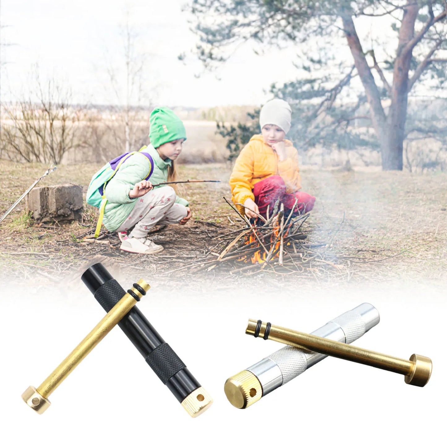 Portable Compression Fire Tube Metal Fire Starting Tool.