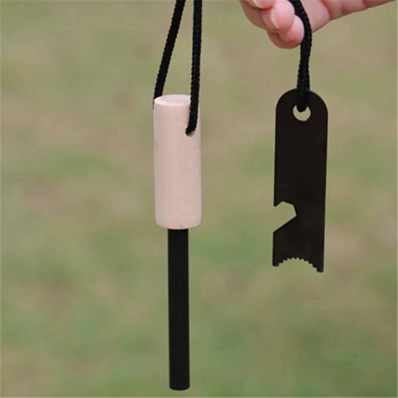 Portable Magnesium Fire Starter Stick with Wooden Handle for Camping. striker attached