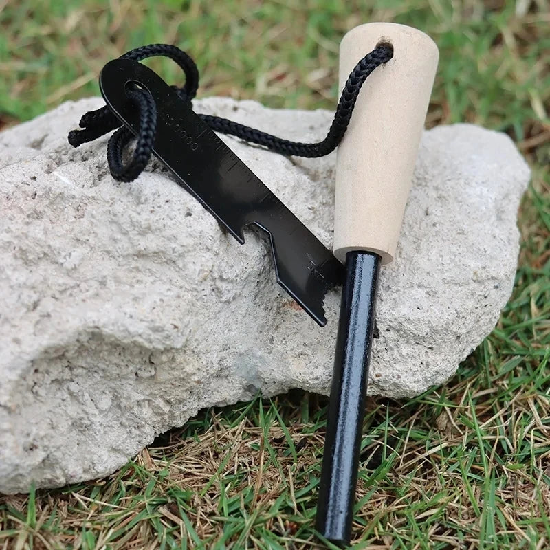 Portable Magnesium Fire Starter Stick with Wooden Handle for Camping. striker attached