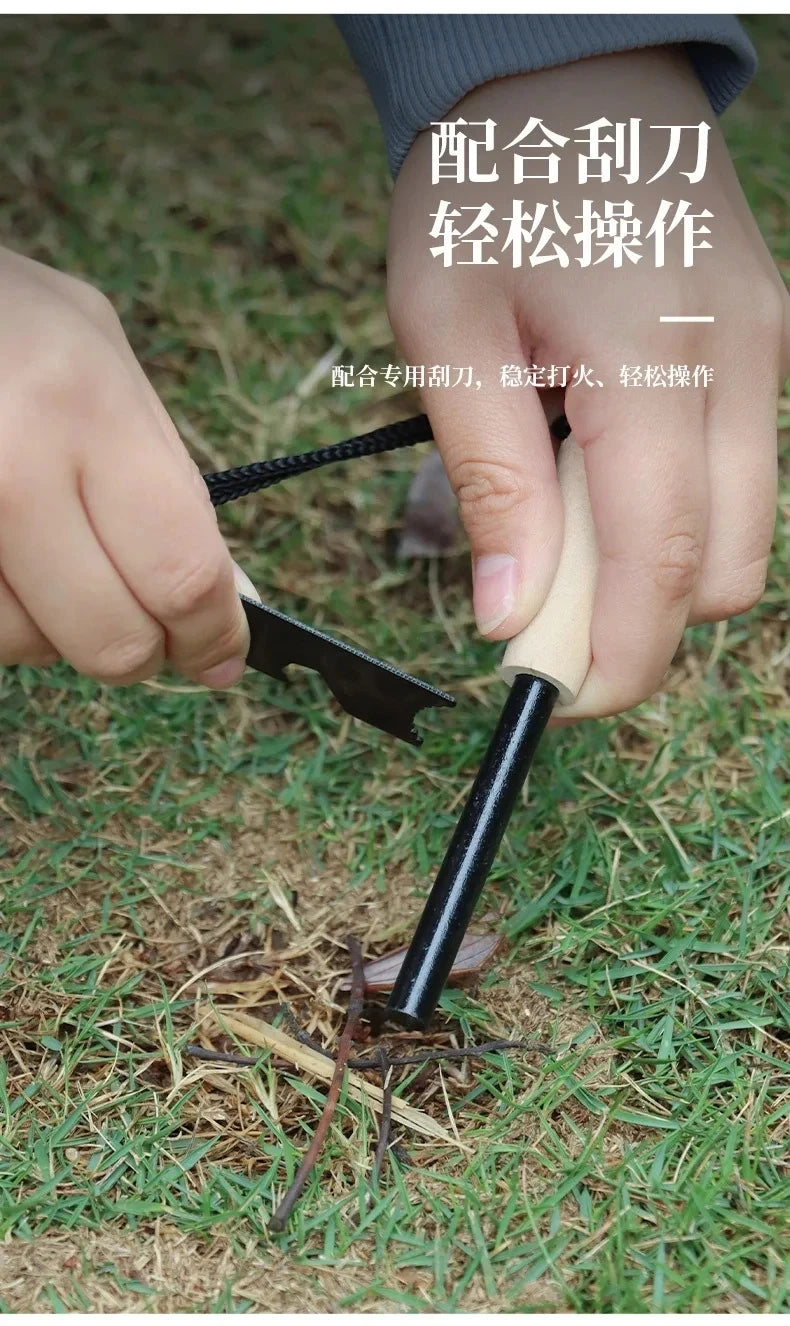 Portable Magnesium Fire Starter Stick with Wooden Handle for Camping. striker attached