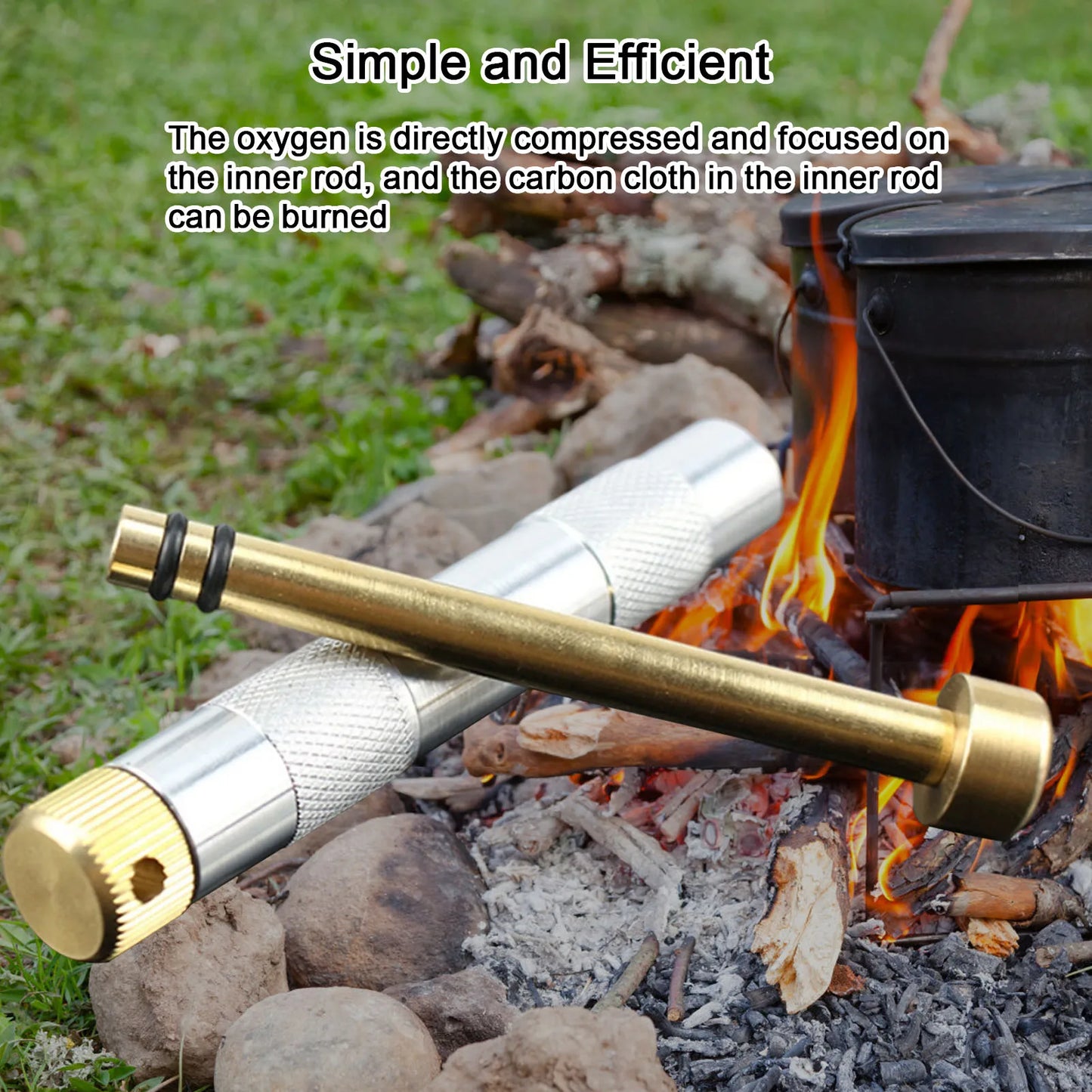 Portable Compression Fire Tube Metal Fire Starting Tool.