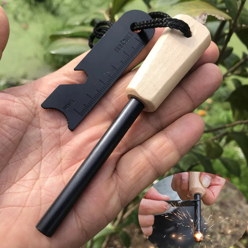 Portable Magnesium Fire Starter Stick with Wooden Handle for Camping. striker attached