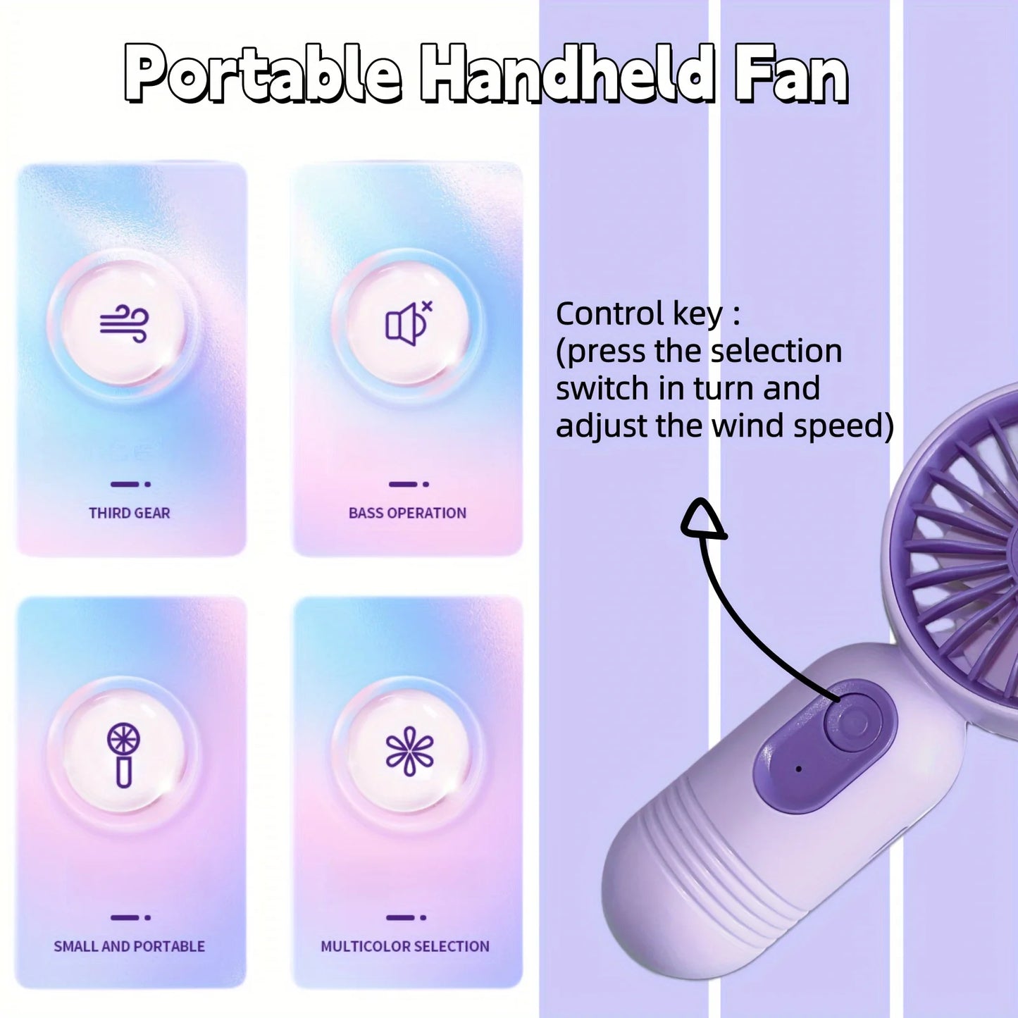 Mini portable handheld fan, USB charging, 3-speed