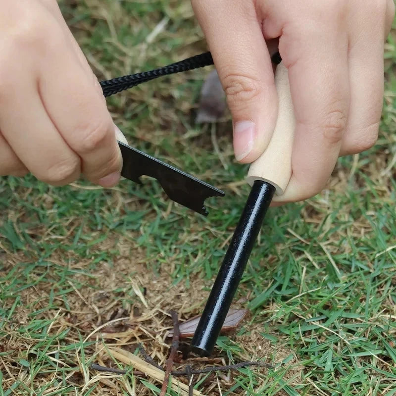 Portable Magnesium Fire Starter Stick with Wooden Handle for Camping. striker attached