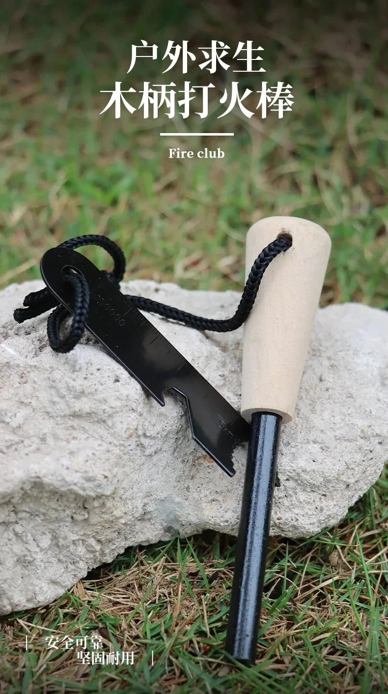 Portable Magnesium Fire Starter Stick with Wooden Handle for Camping. striker attached