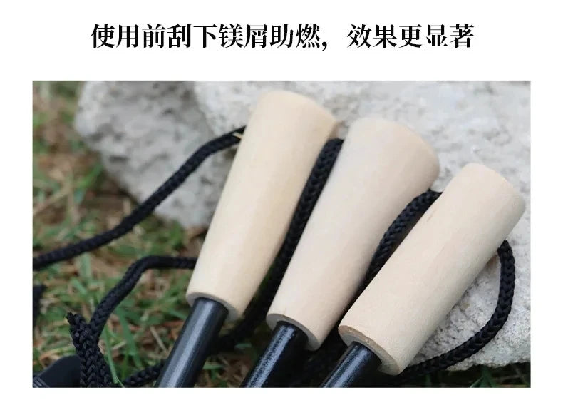 Portable Magnesium Fire Starter Stick with Wooden Handle for Camping. striker attached