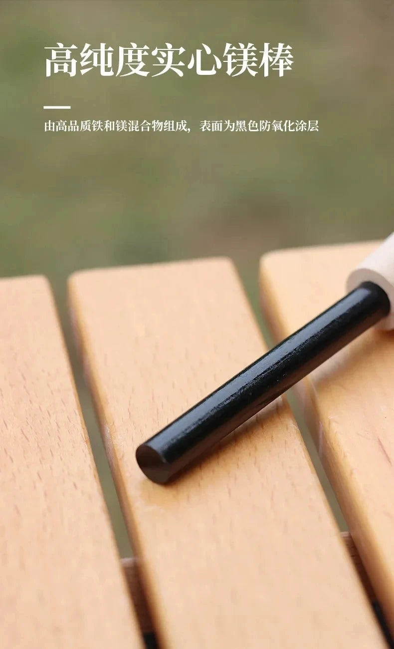 Portable Magnesium Fire Starter Stick with Wooden Handle for Camping. striker attached