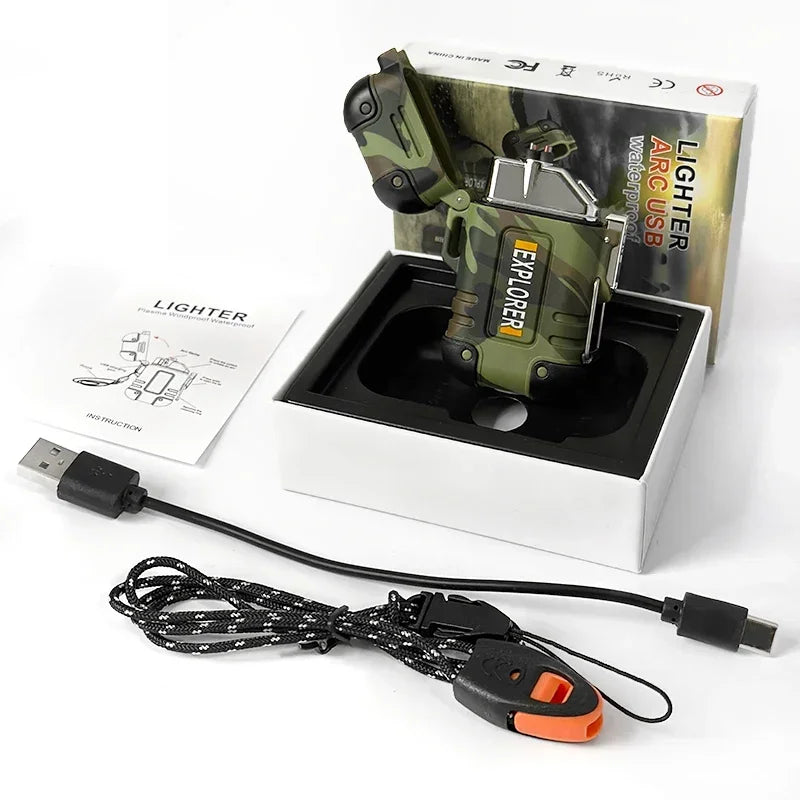 Waterproof Double Arc Lighter Rechargeable Windproof Plasma Lighter Outdoor Camping Flameless Smoking Accessories