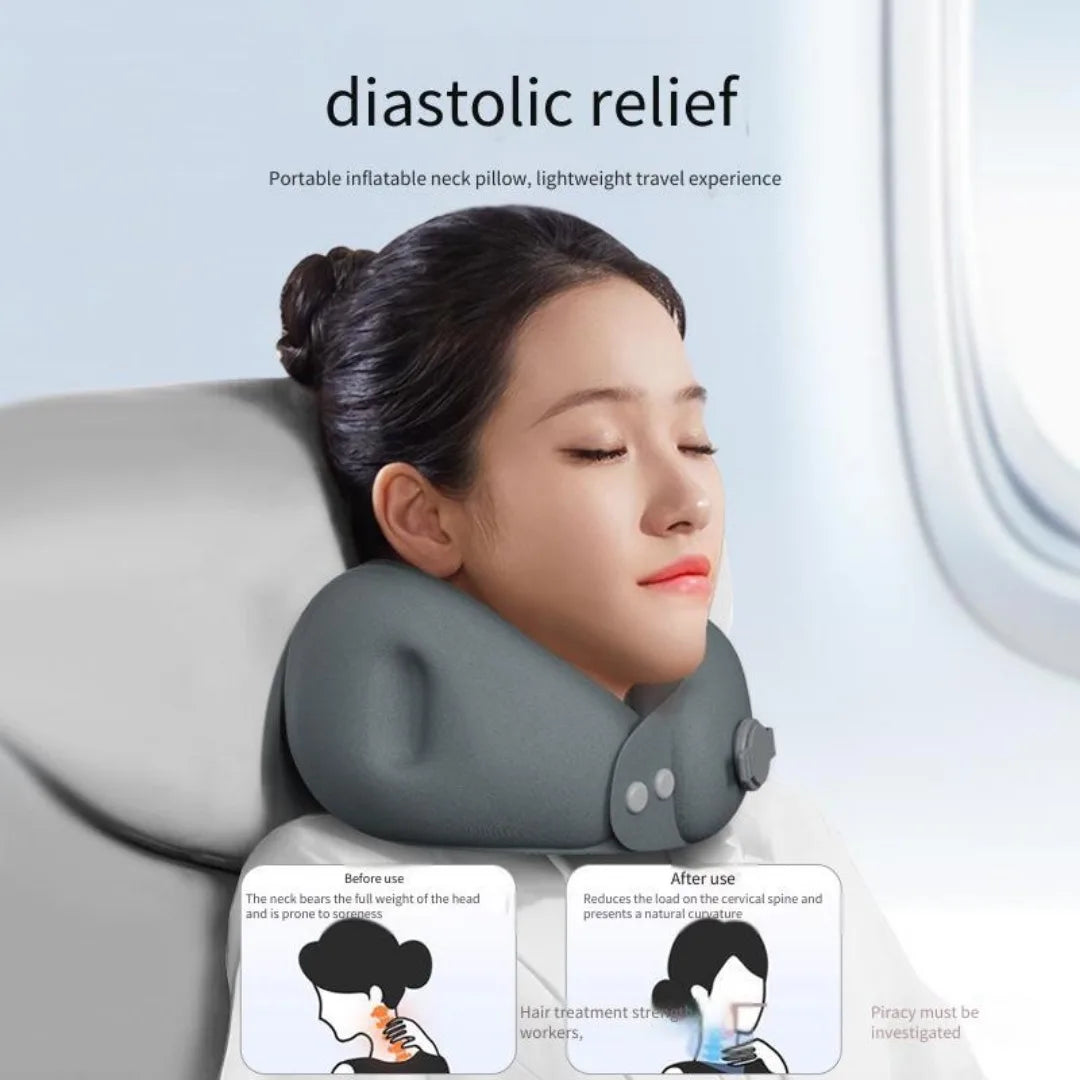 Soft Inflatable U-Shaped Travel Pillow For Airplane Car or Train. Compresses into small storage pouch