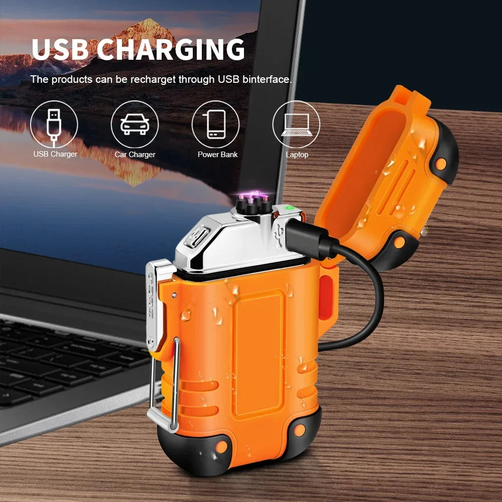 Waterproof Double Arc Lighter Rechargeable Windproof Plasma Lighter Outdoor Camping Flameless Smoking Accessories