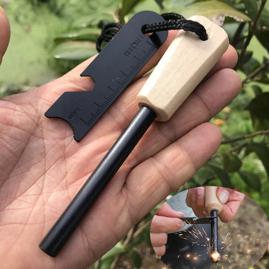 Portable Magnesium Fire Starter Stick with Wooden Handle for Camping. striker attached