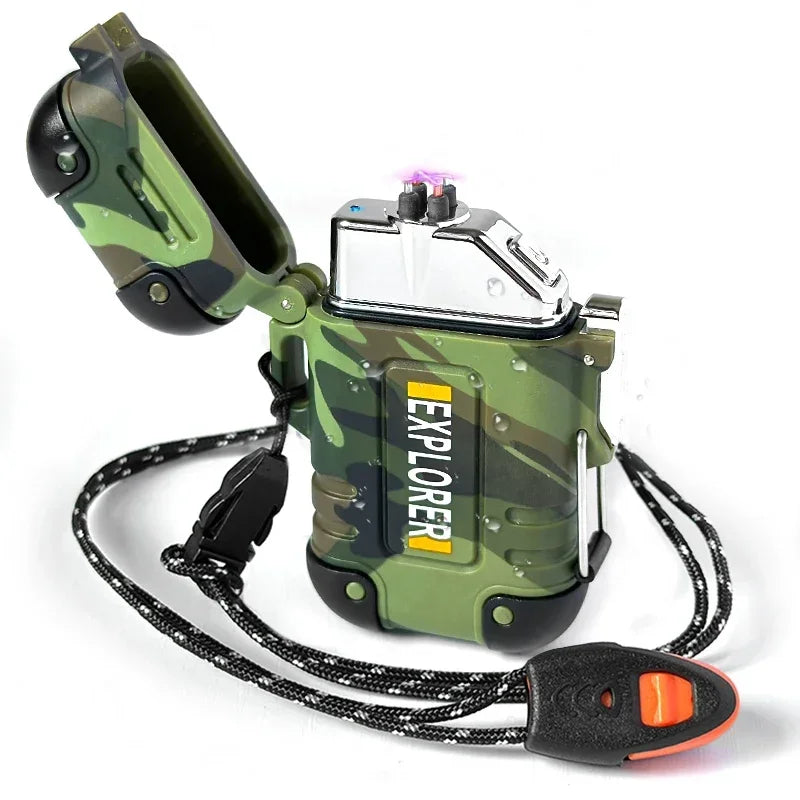 Waterproof Double Arc Lighter Rechargeable Windproof Plasma Lighter Outdoor Camping Flameless Smoking Accessories